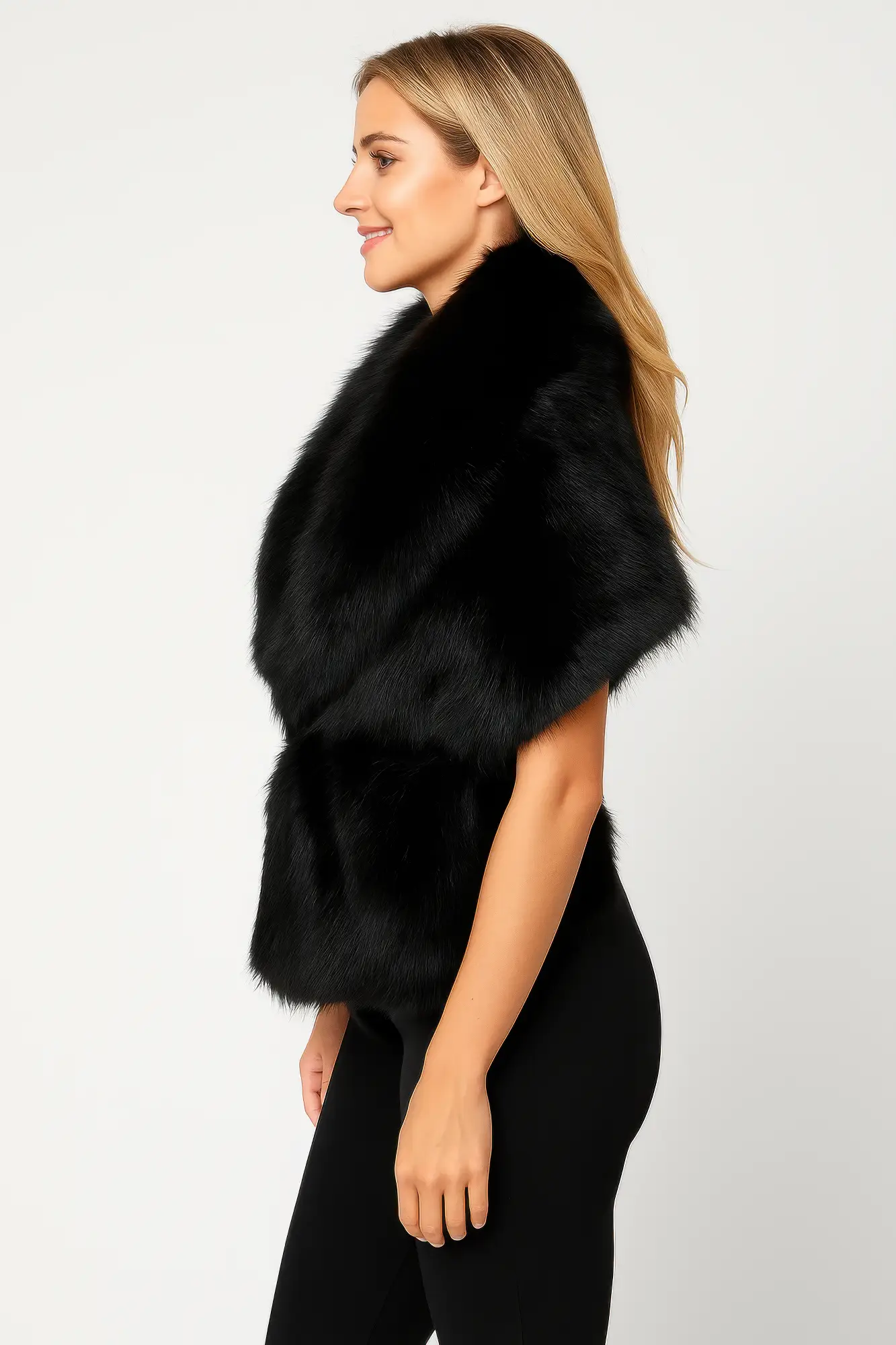 Black Sleeveless Faux Fur Vest With Cinched Waist - Image 2
