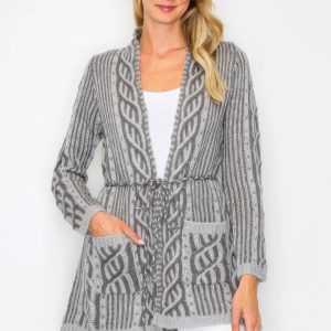 Open Wool Cardigan With Belt String & Front Pocket - Image 1