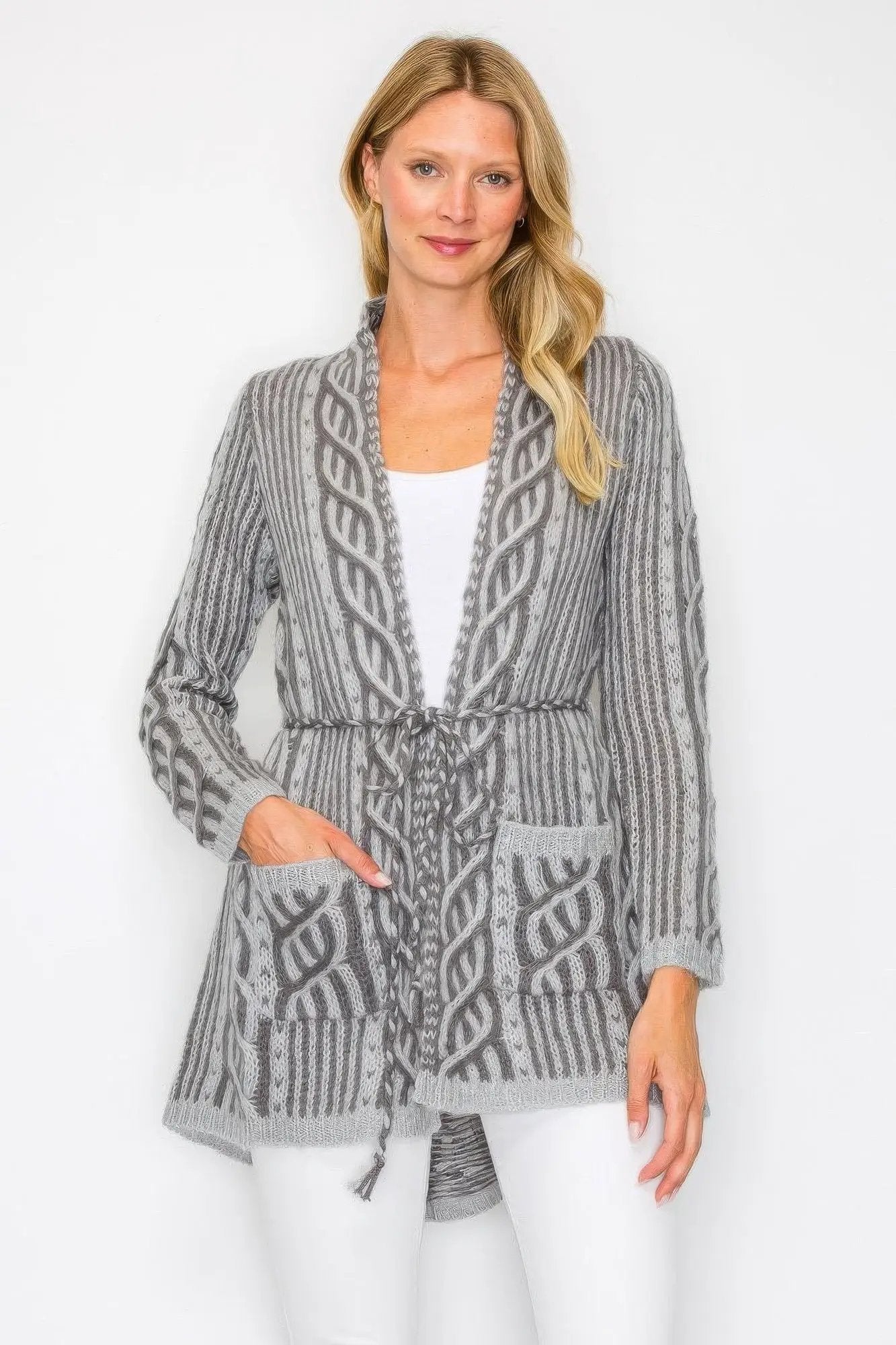 Open Wool Cardigan With Belt String & Front Pocket - Image 1
