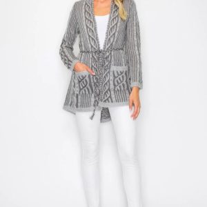 Open Wool Cardigan With Belt String & Front Pocket - Image 2