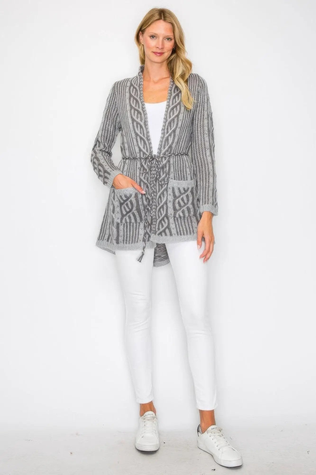 Open Wool Cardigan With Belt String & Front Pocket - Image 2