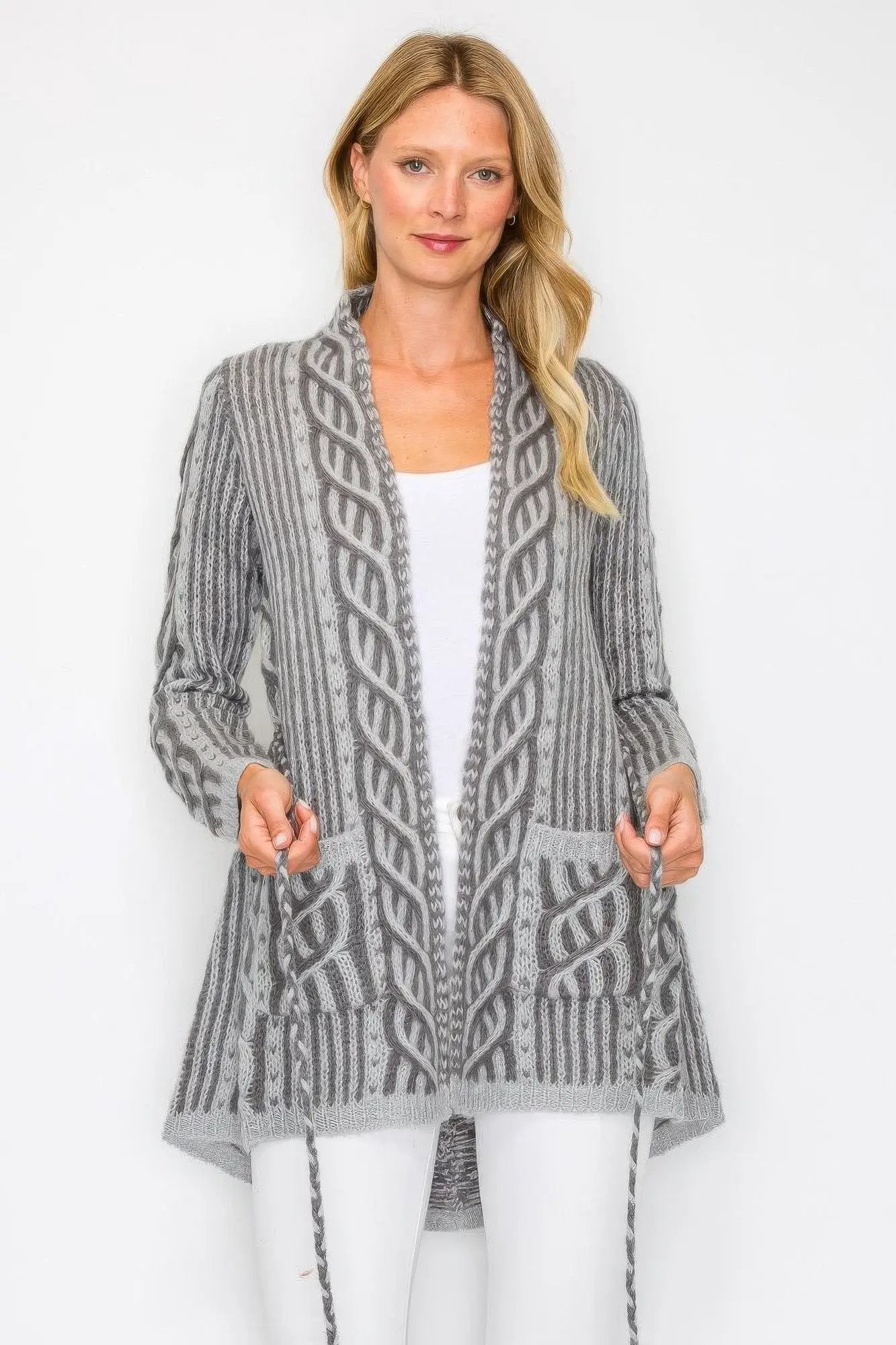 Open Wool Cardigan With Belt String & Front Pocket - Image 3