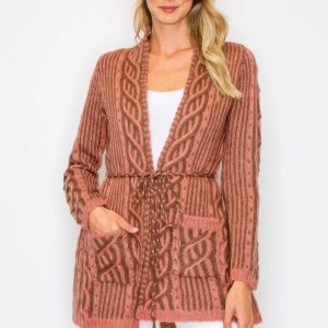 Open Wool Cardigan With Belt String & Front Pocket - Image 1