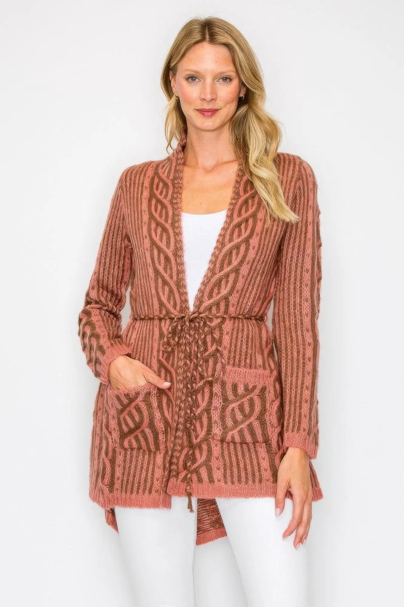 Open Wool Cardigan With Belt String & Front Pocket - Image 1