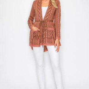 Open Wool Cardigan With Belt String & Front Pocket - Image 2