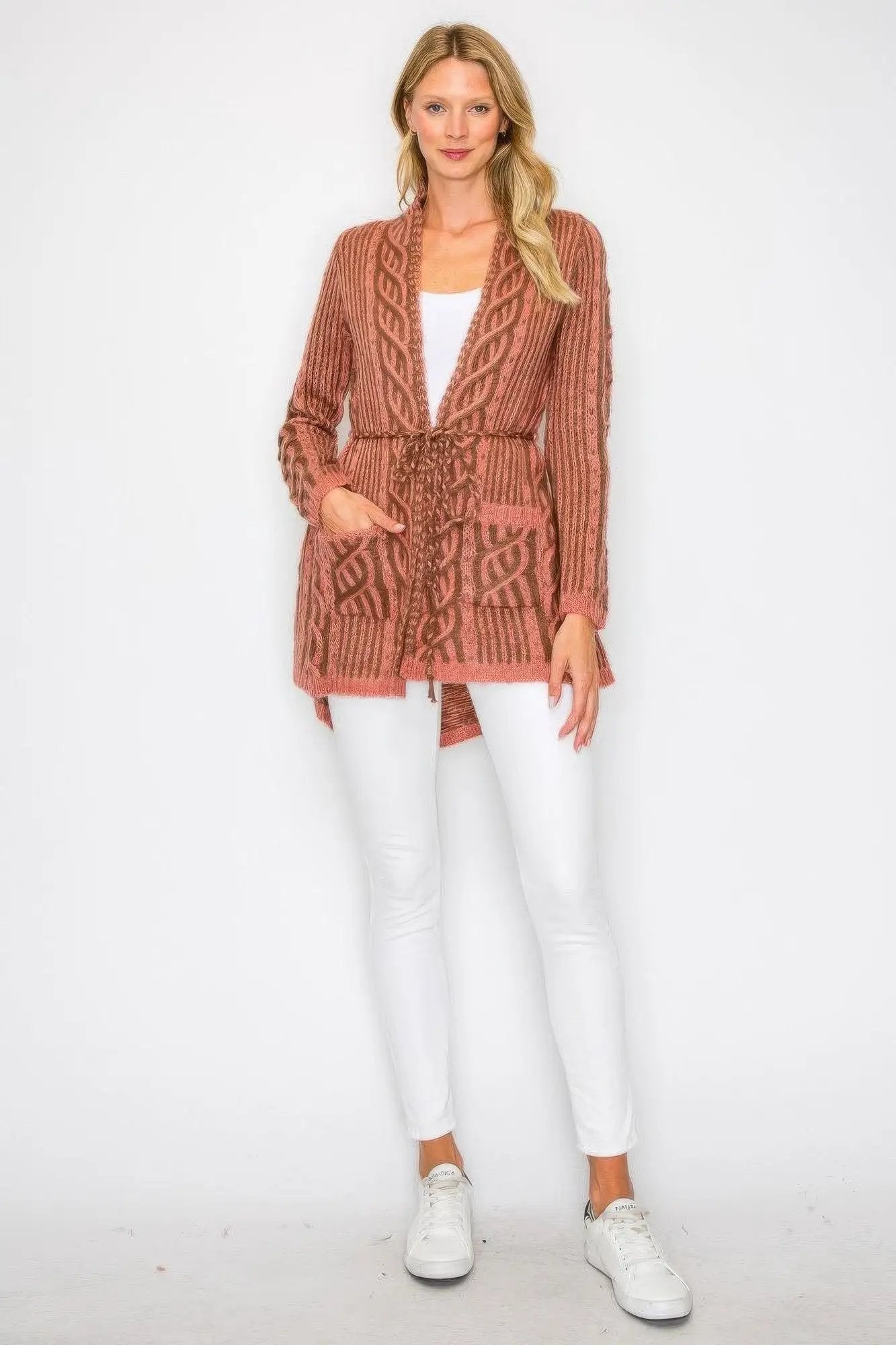 Open Wool Cardigan With Belt String & Front Pocket - Image 2