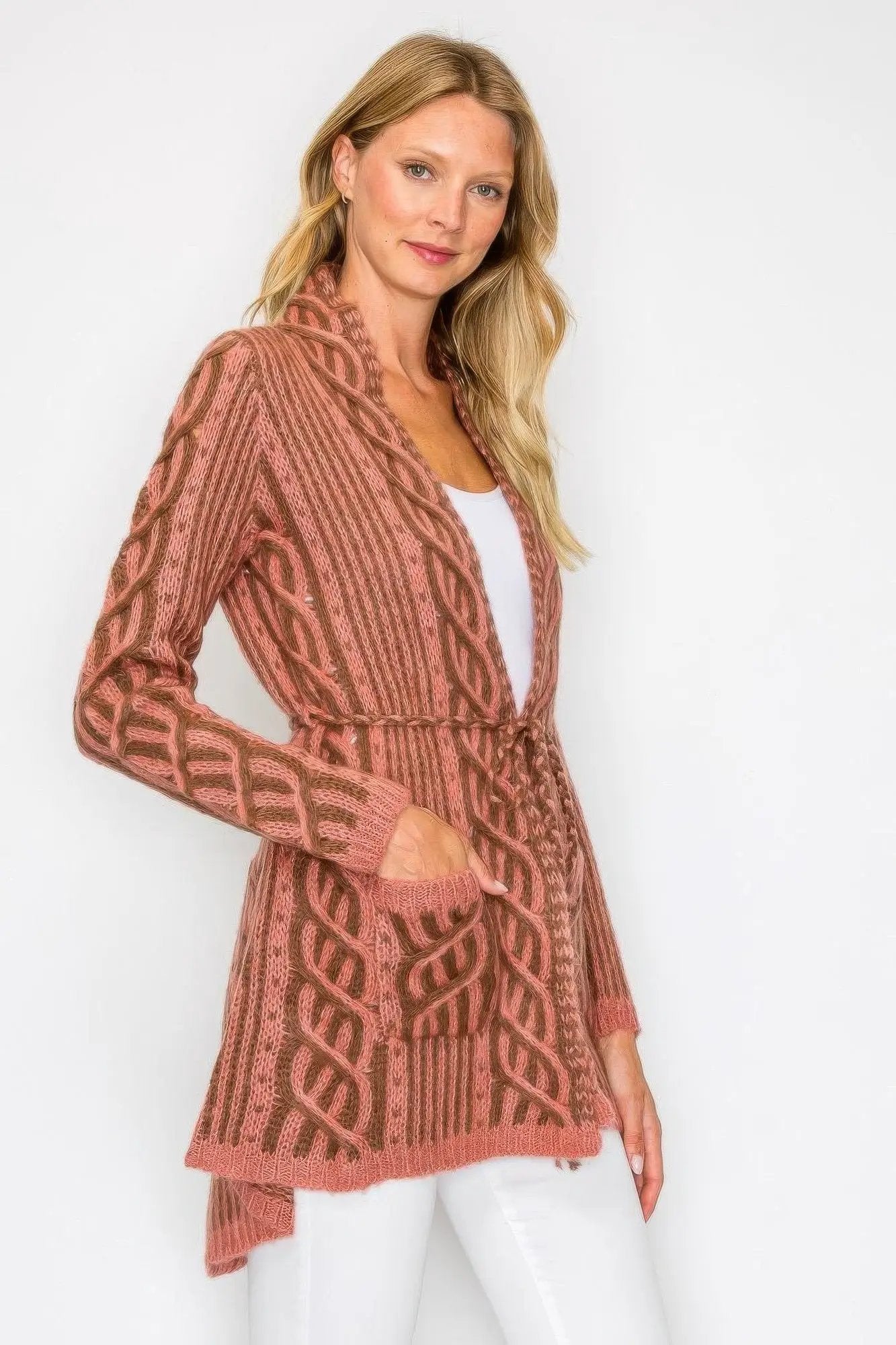 Open Wool Cardigan With Belt String & Front Pocket - Image 3