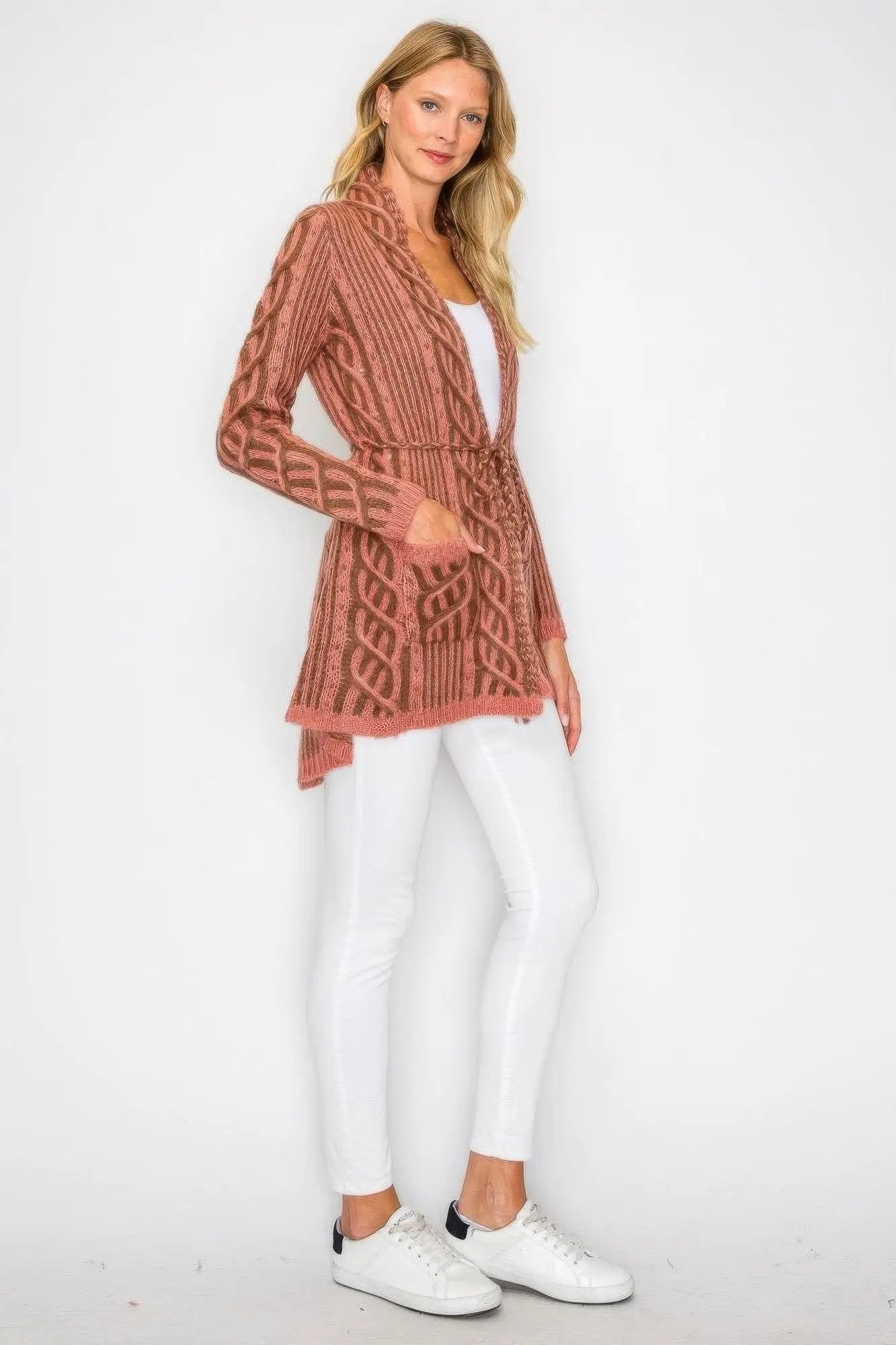 Open Wool Cardigan With Belt String & Front Pocket - Image 4