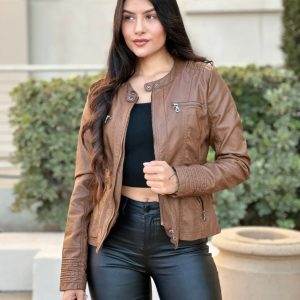 Woman Fashion Hooded Faux Leather Jacket - Image 1