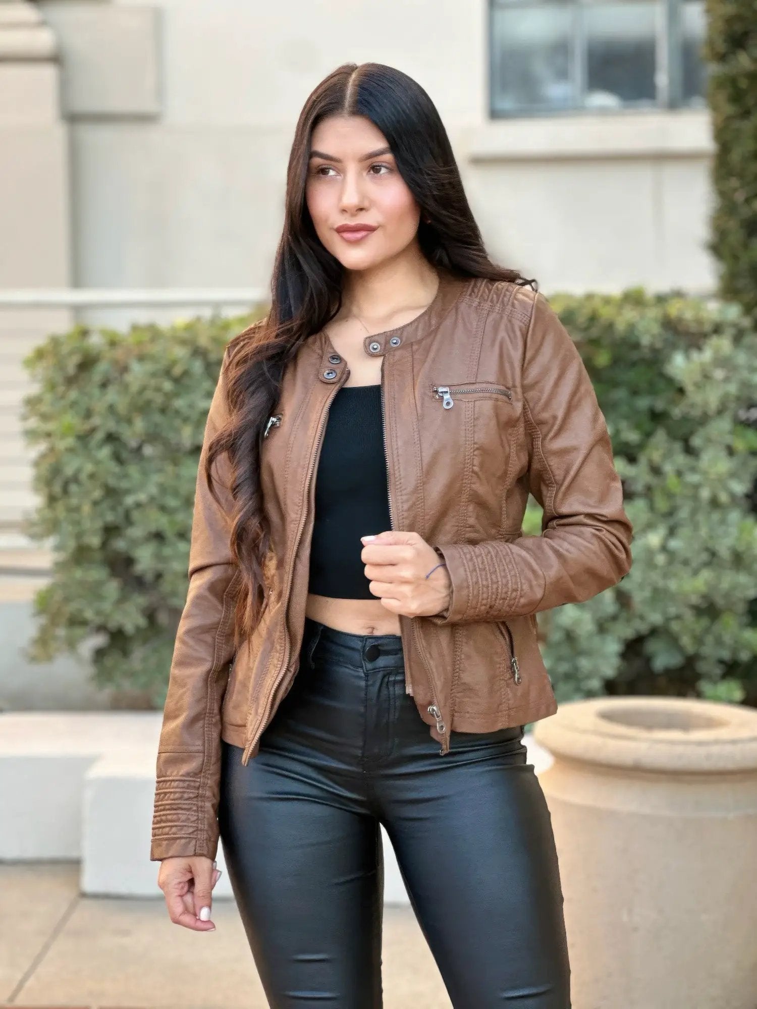 Woman Fashion Hooded Faux Leather Jacket - Image 1