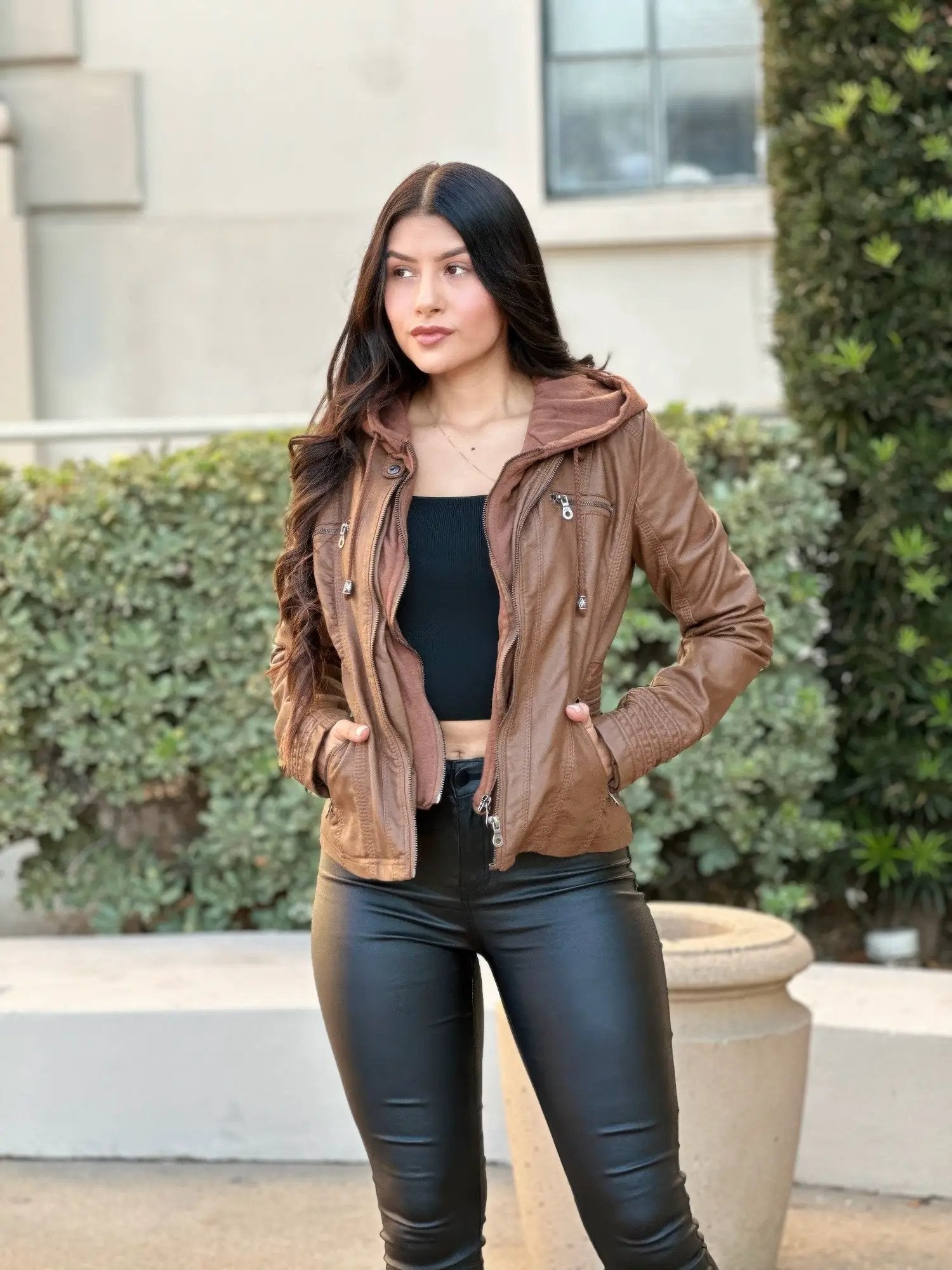 Woman Fashion Hooded Faux Leather Jacket - Image 2