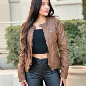Woman Fashion Hooded Faux Leather Jacket - Image 3