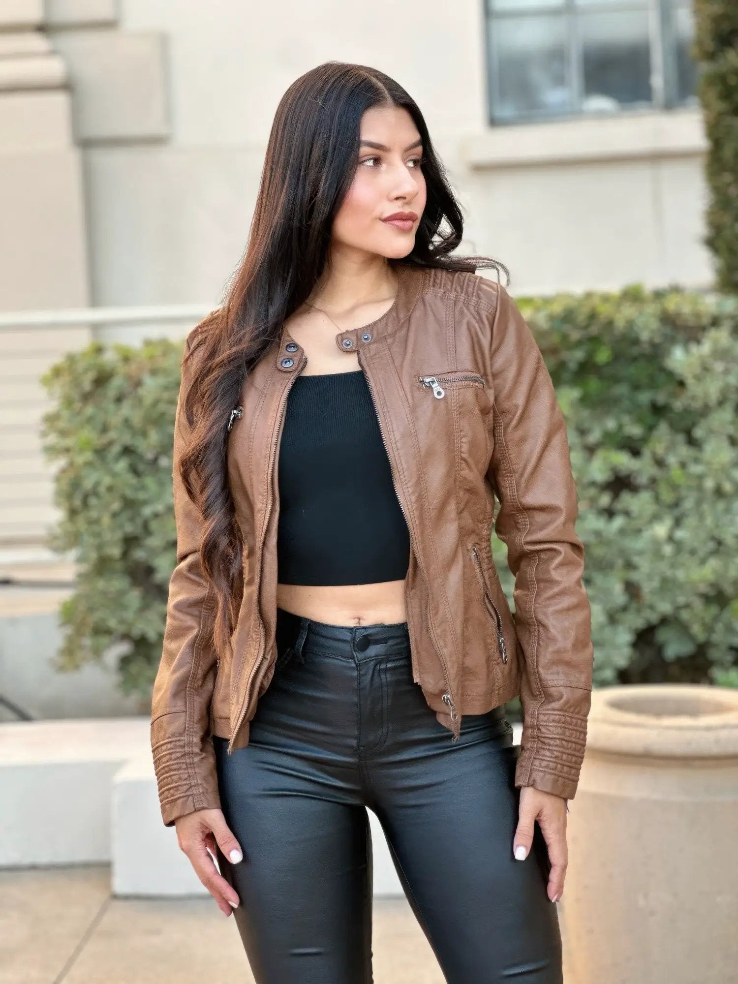 Woman Fashion Hooded Faux Leather Jacket - Image 3