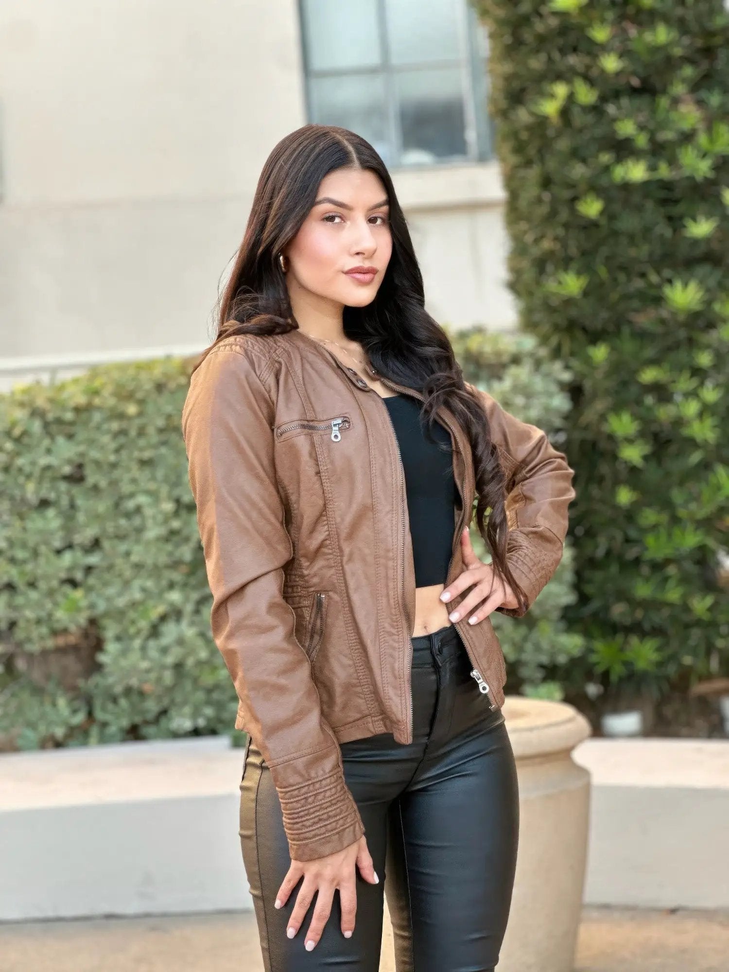 Woman Fashion Hooded Faux Leather Jacket - Image 6