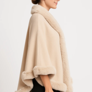 Crimson Elegance Faux Fur Trim Cape - Image 2