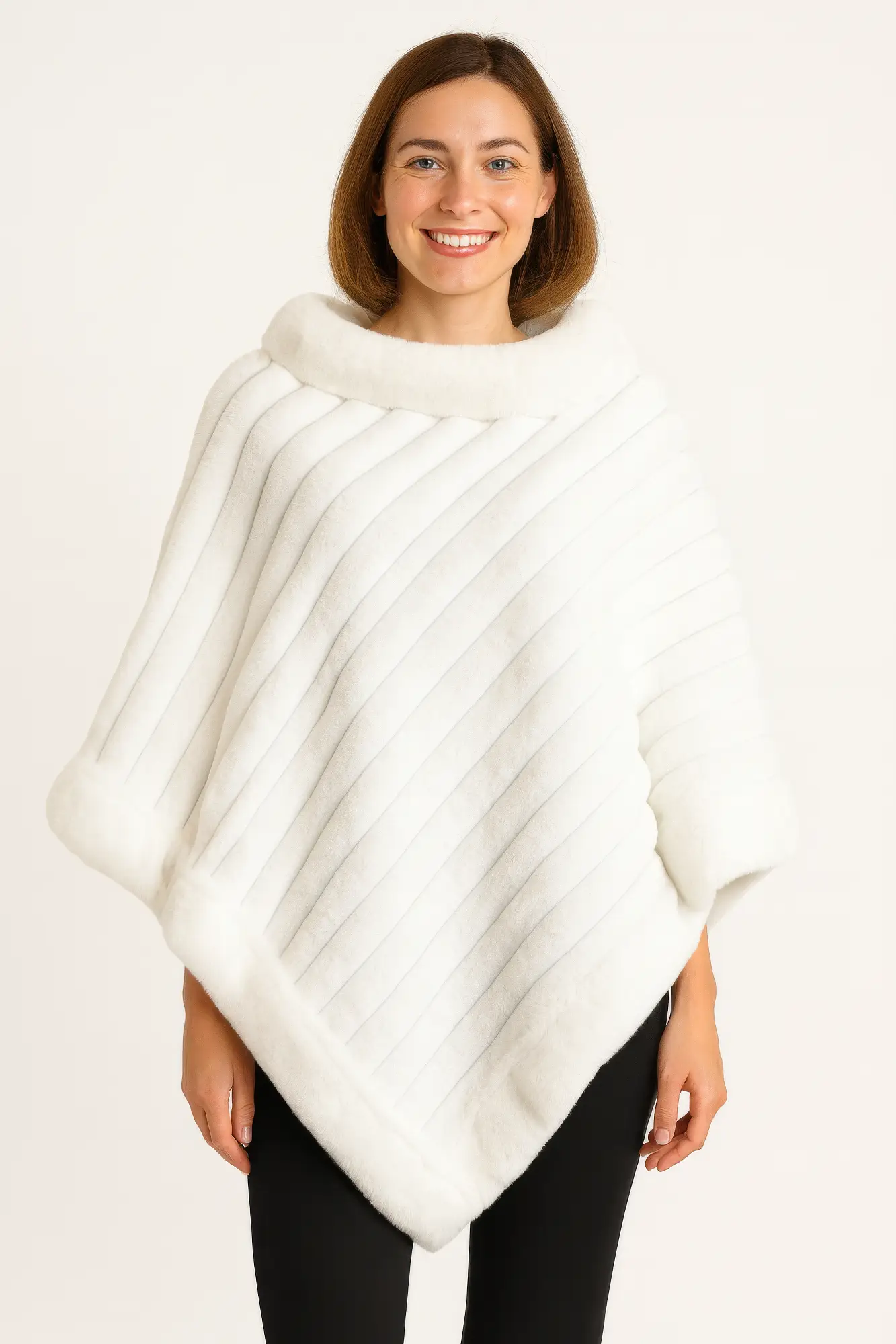 Elegant Faux Fur Winter White Poncho - Image 1