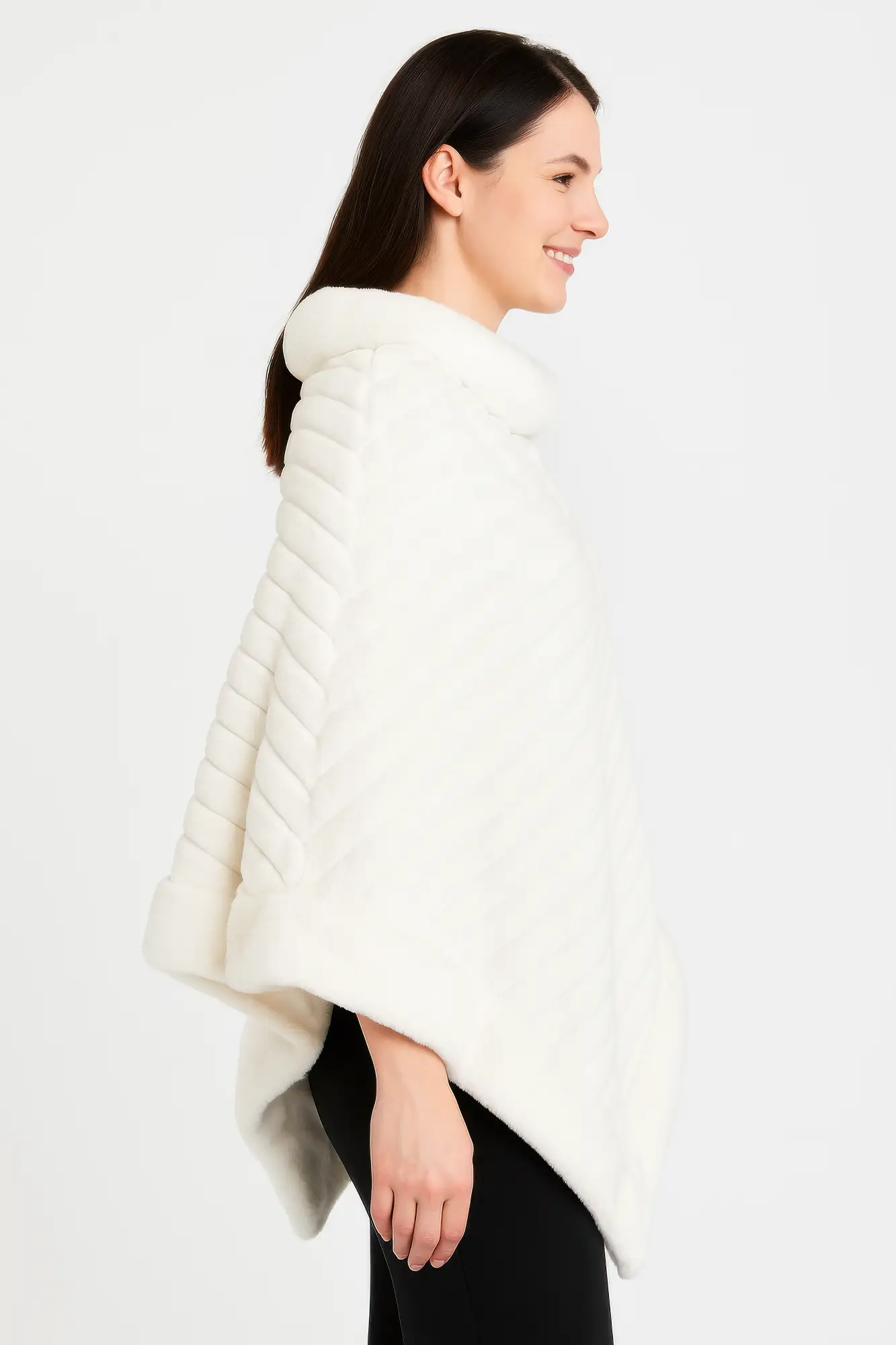 Elegant Faux Fur Winter White Poncho - Image 2