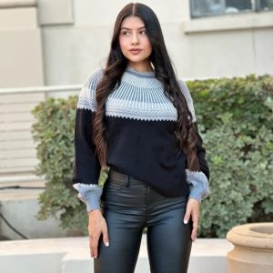 Neutral Color Block Knit Pull Out Sweater - Image 1