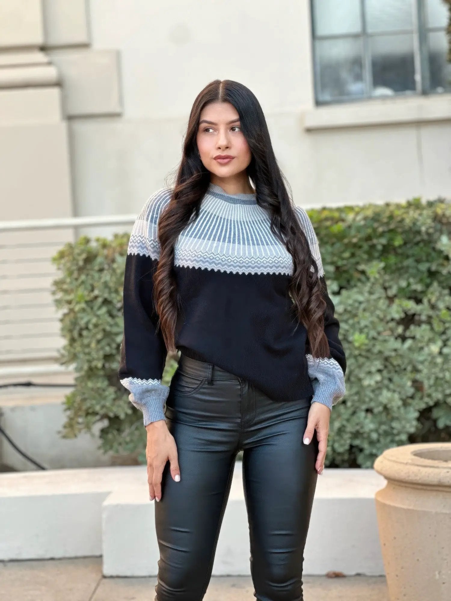 Neutral Color Block Knit Pull Out Sweater - Image 1