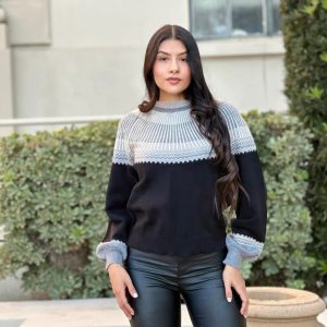 Neutral Color Block Knit Pull Out Sweater - Image 2