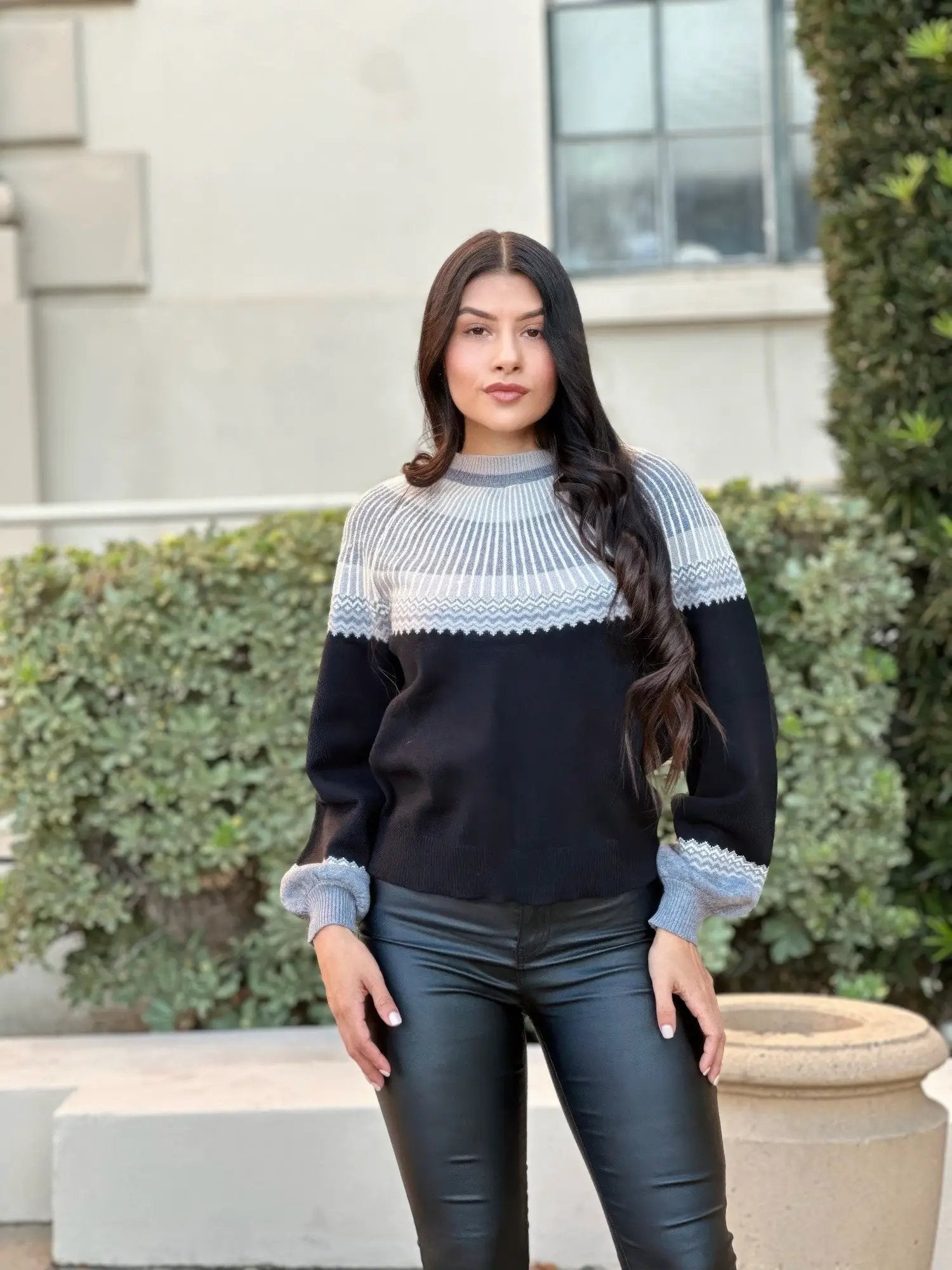 Neutral Color Block Knit Pull Out Sweater - Image 2