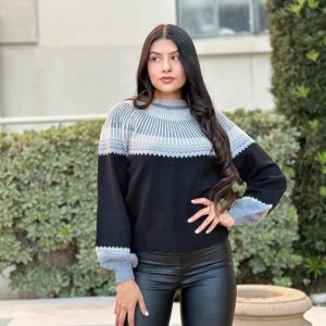 Neutral Color Block Knit Pull Out Sweater - Image 3