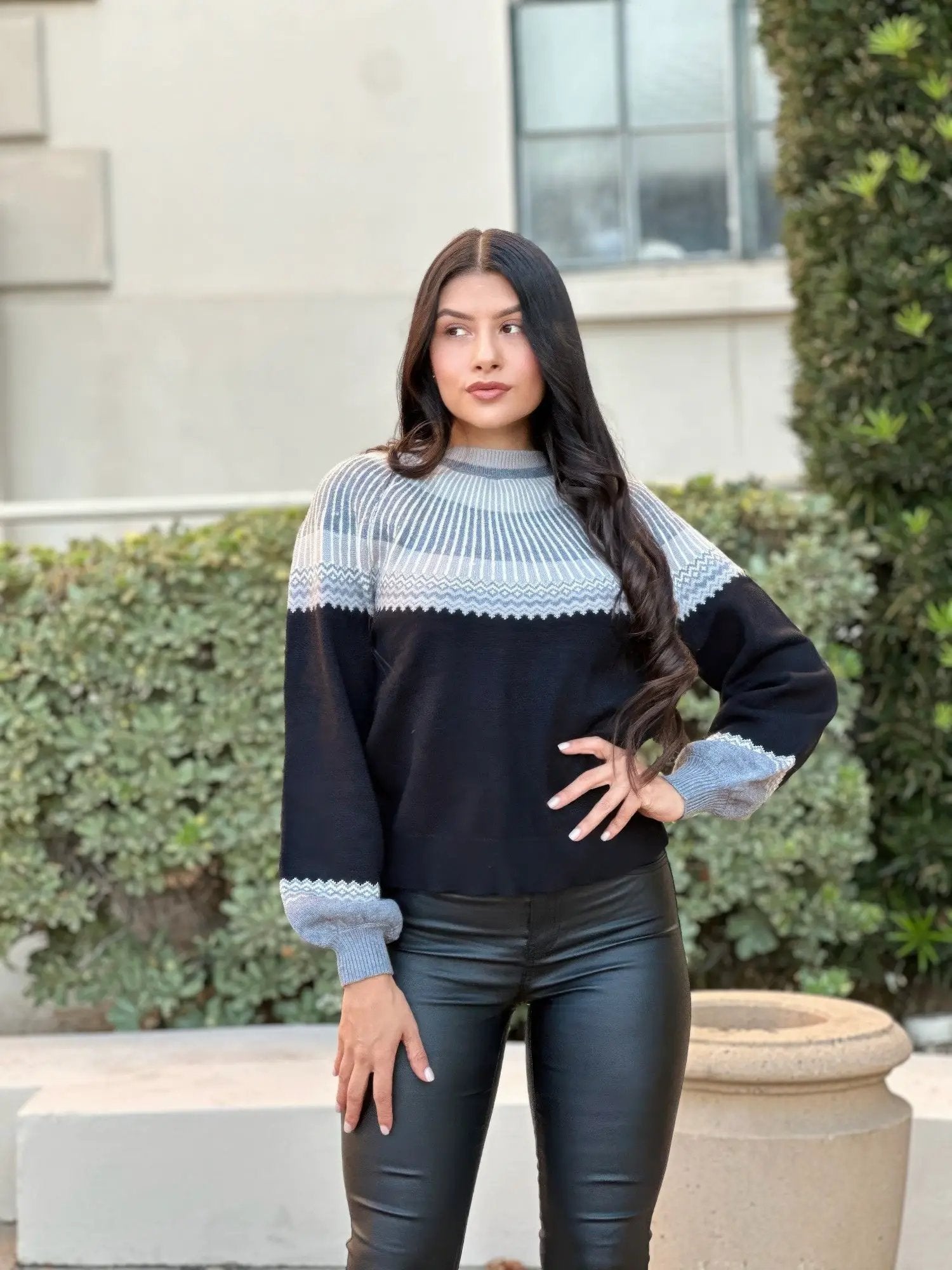 Neutral Color Block Knit Pull Out Sweater - Image 3