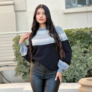 Neutral Color Block Knit Pull Out Sweater - Image 5