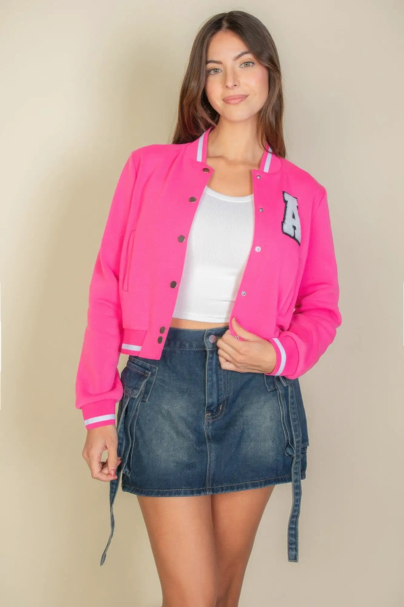 Ezwear Letter Patched Crop Varsity Jacket - Image 3