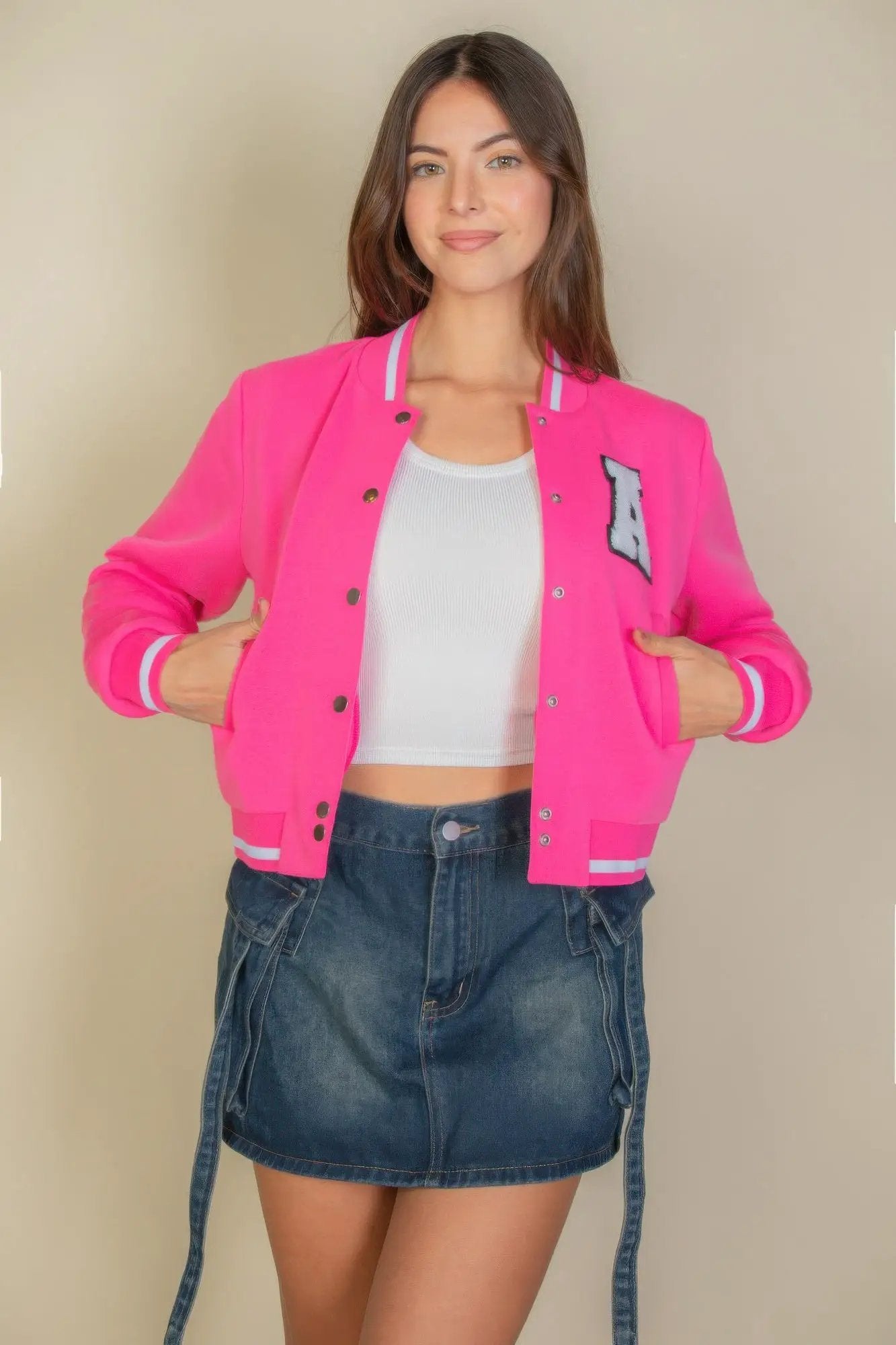 Ezwear Letter Patched Crop Varsity Jacket - Image 4