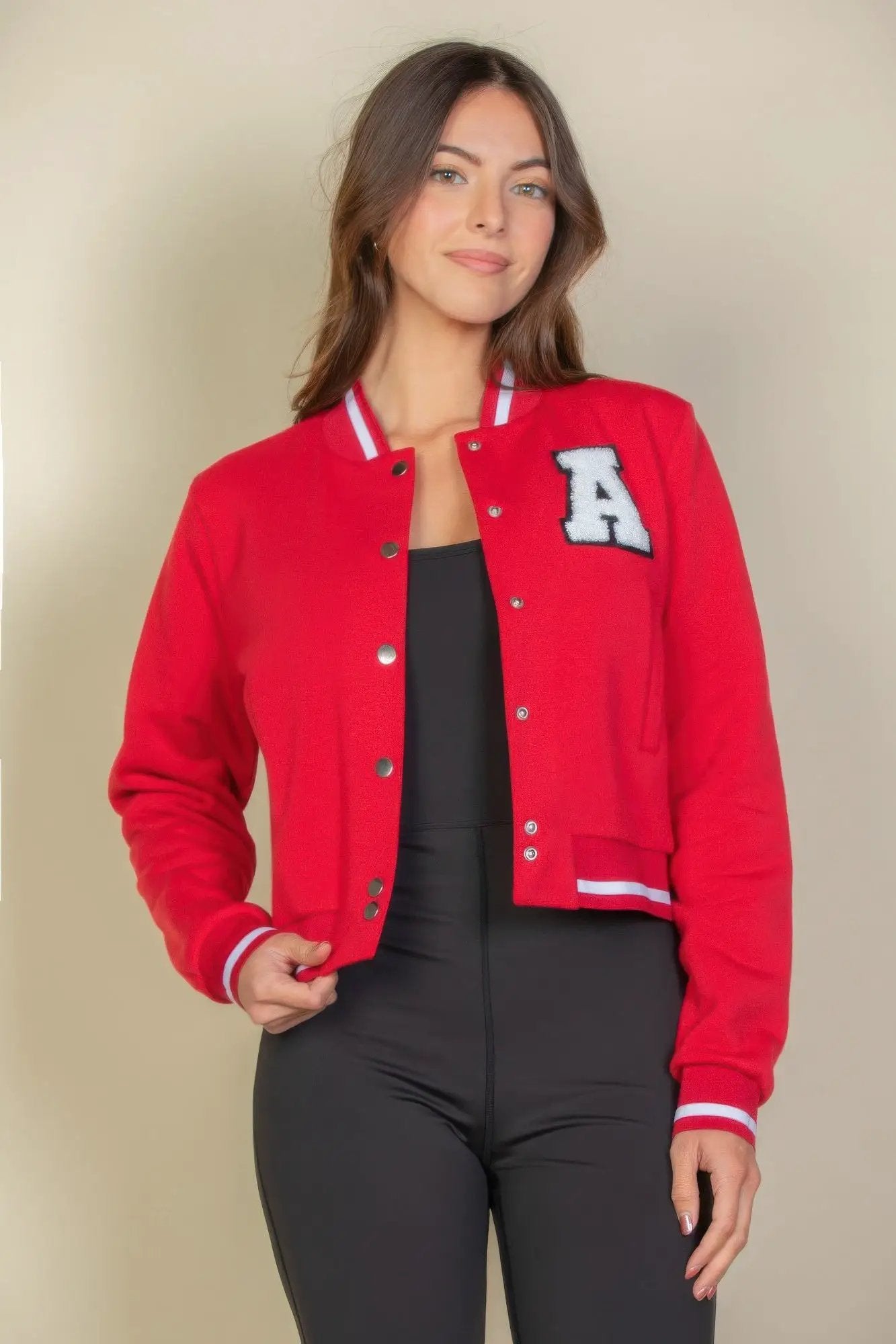 Ezwear Letter Patched Crop Varsity Jacket - Image 7
