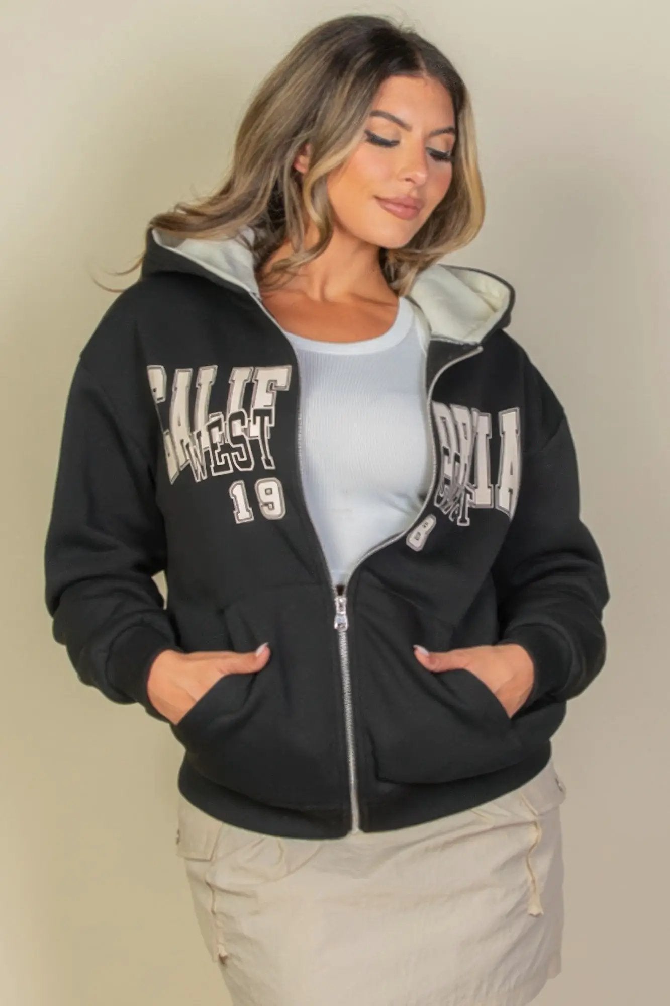 Graphic Drop Shoulder Zipper Up Hoodie - Image 1