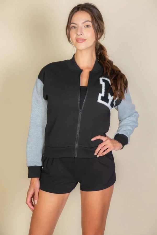 Letter Patched Striped Trim Varsity Jacket