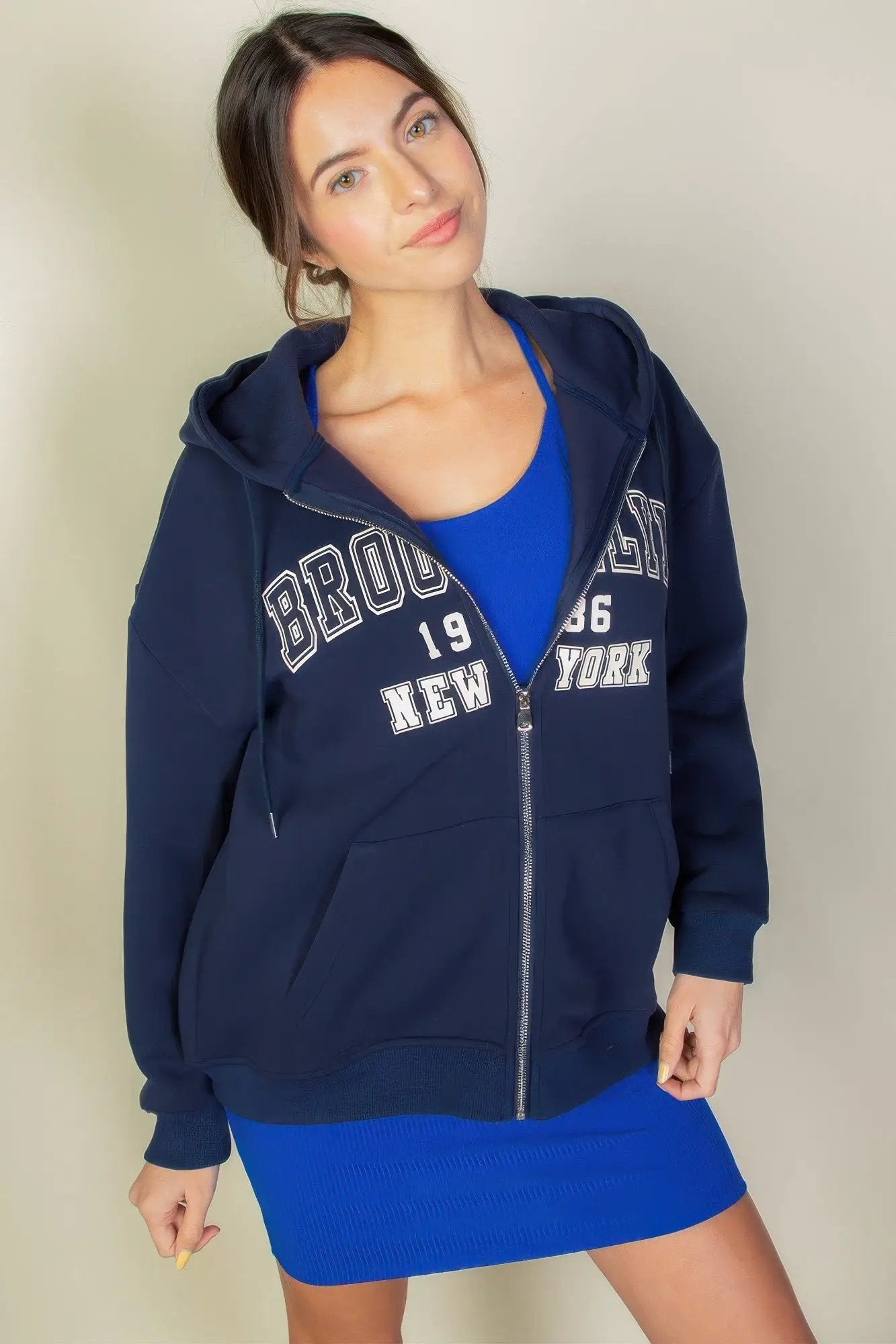 Graphic Drop Shoulder Zipper Up Hoodie - Image 1
