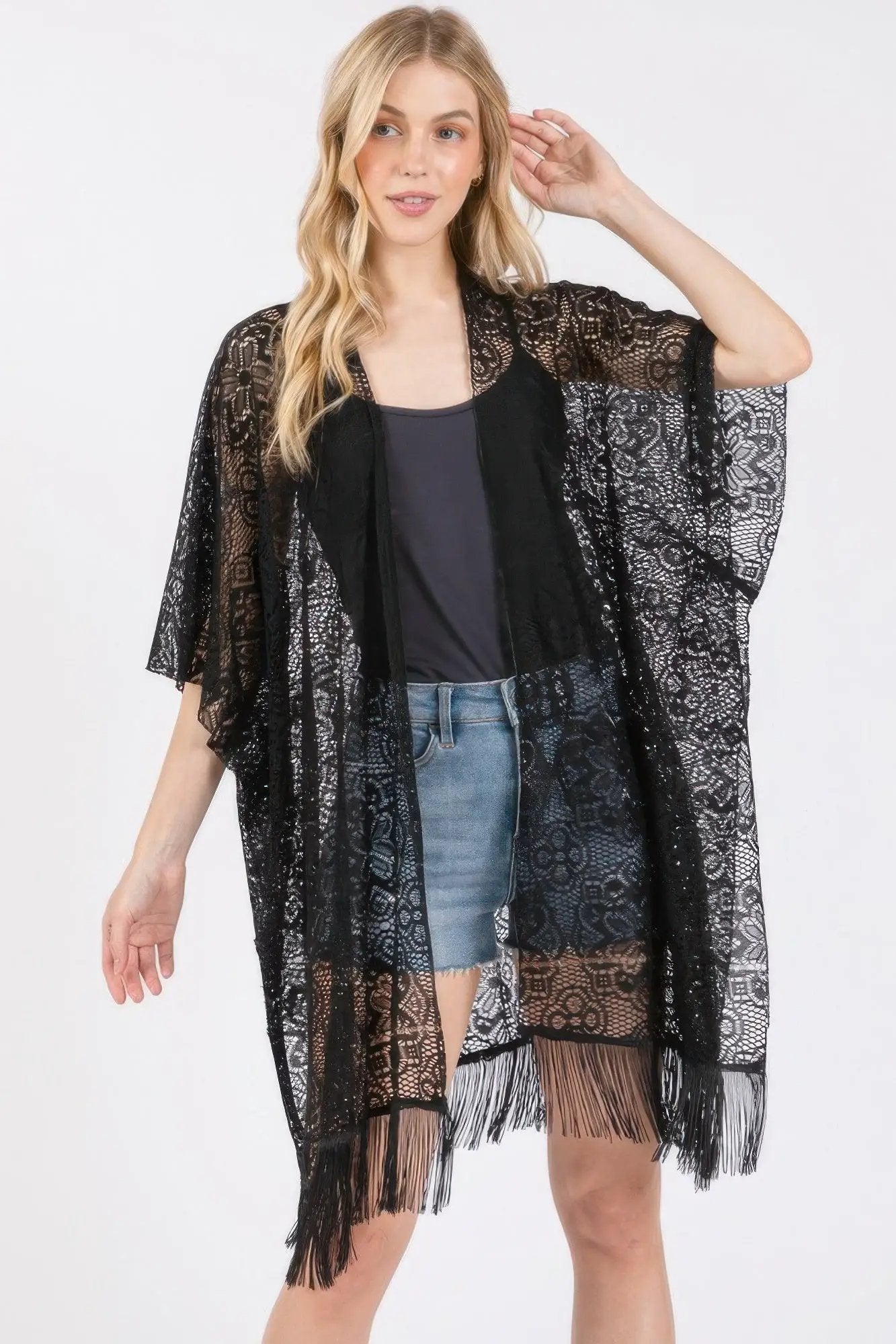 Flower Pattern Crochet Lace Tassel Cover Up - Image 1