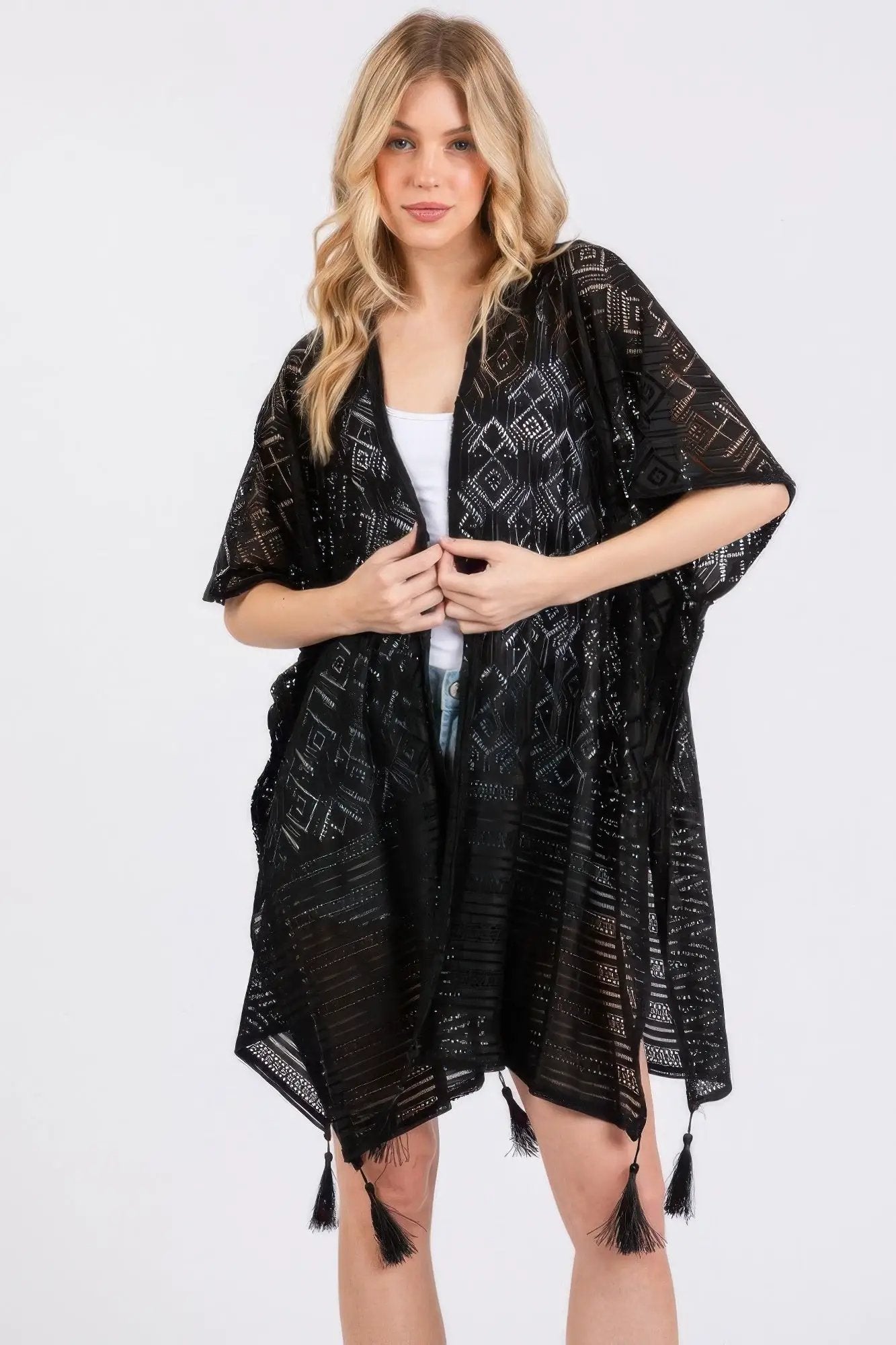 Geometric Pattern Tassel Cover Up - Image 1