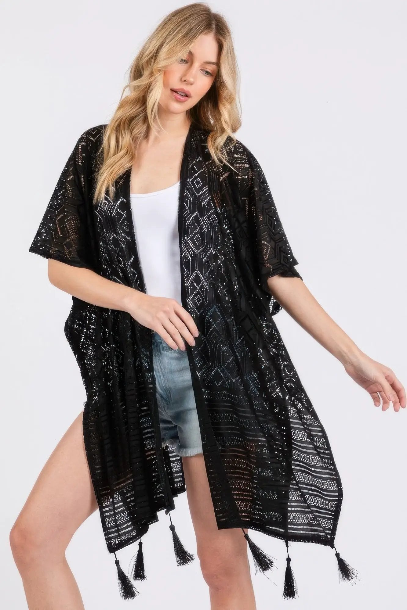 Geometric Pattern Tassel Cover Up - Image 2