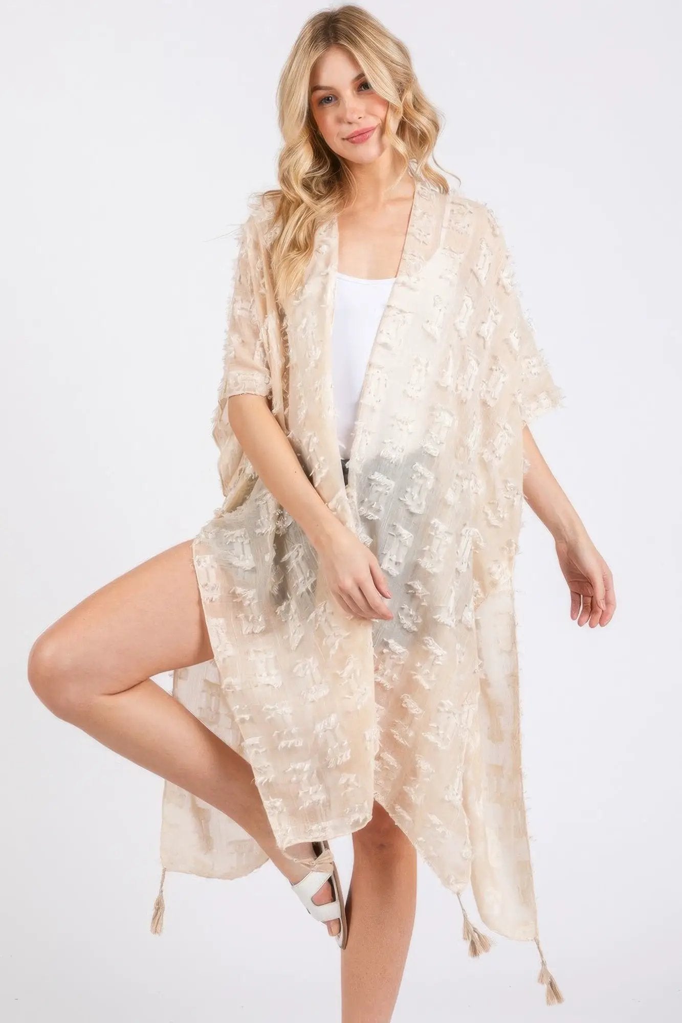 Distressed Pattern Tassel Kimono - Image 2