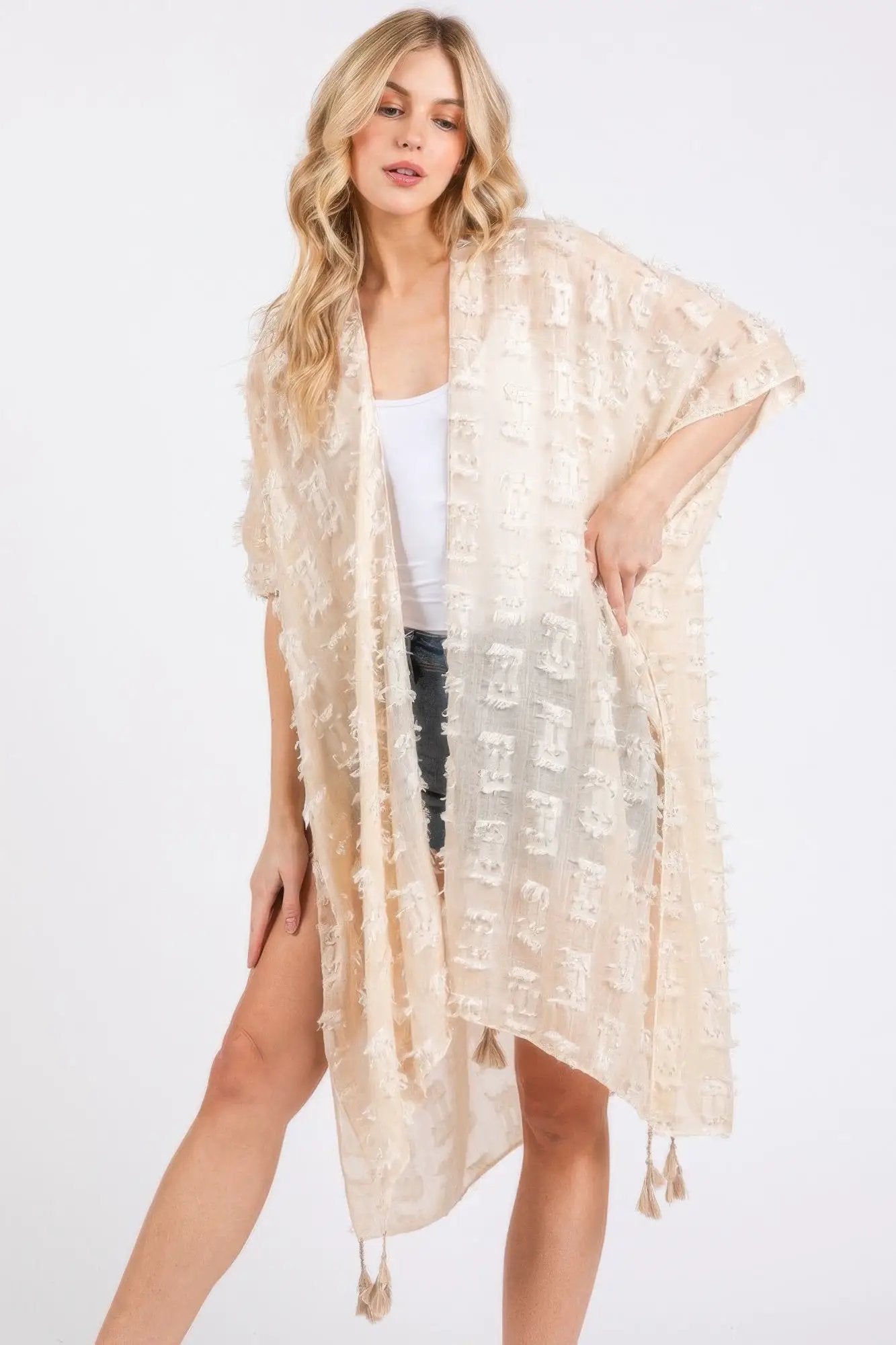Distressed Pattern Tassel Kimono - Image 3
