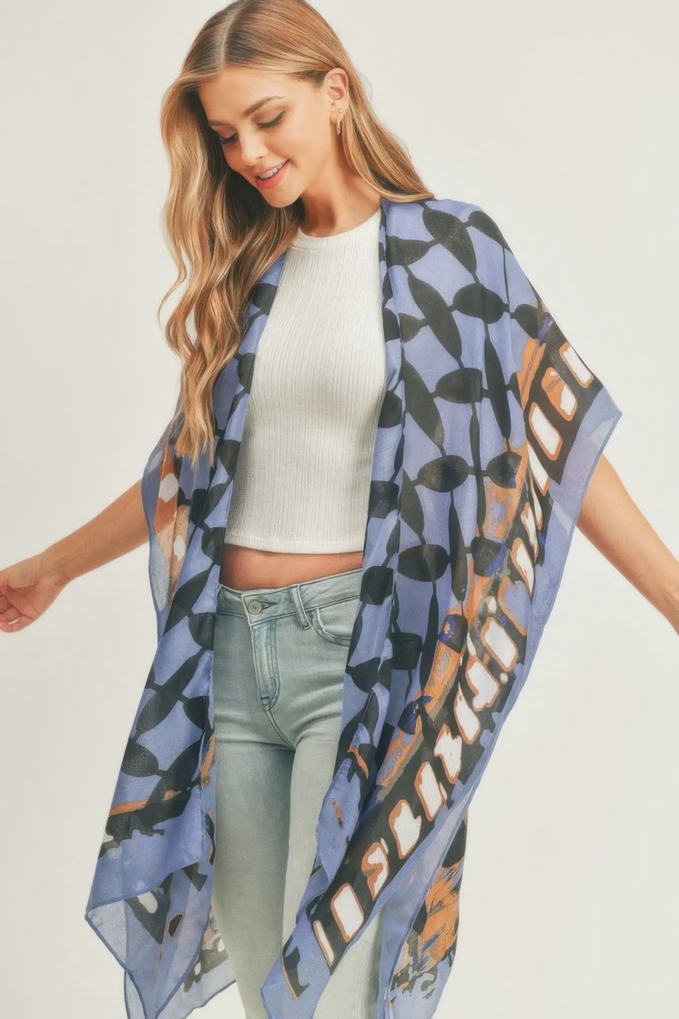 Ombree Front And Geometric Back Print Kimono - Image 3