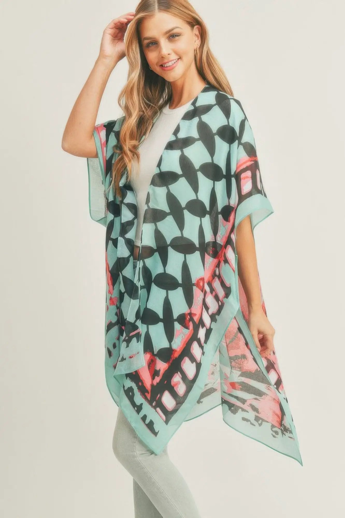 Ombree Front And Geometric Back Print Kimono - Image 10