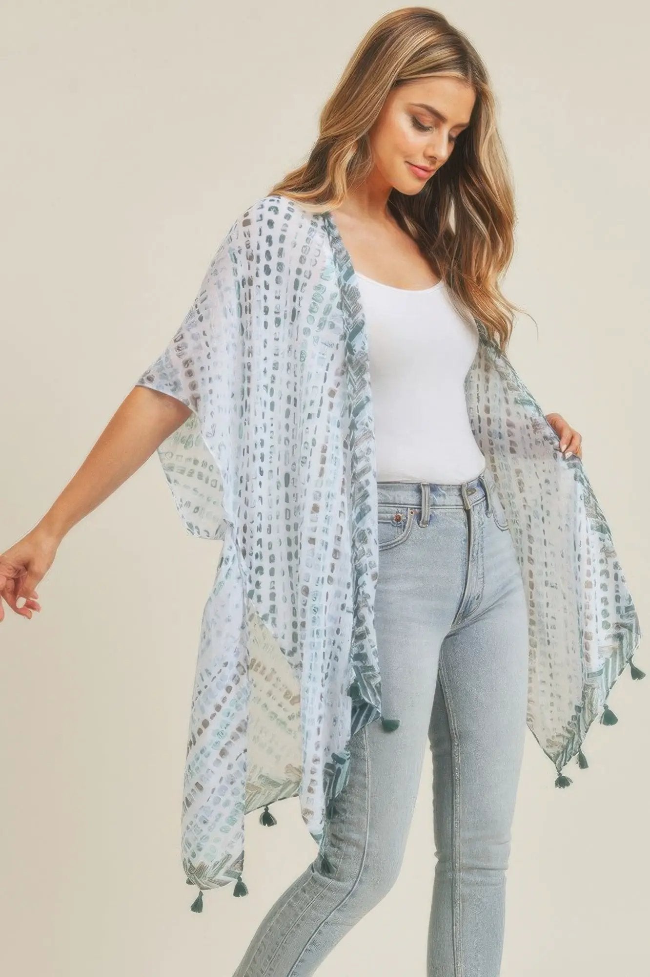 Multi Dash Pattern Tassel Kimono - Image 7