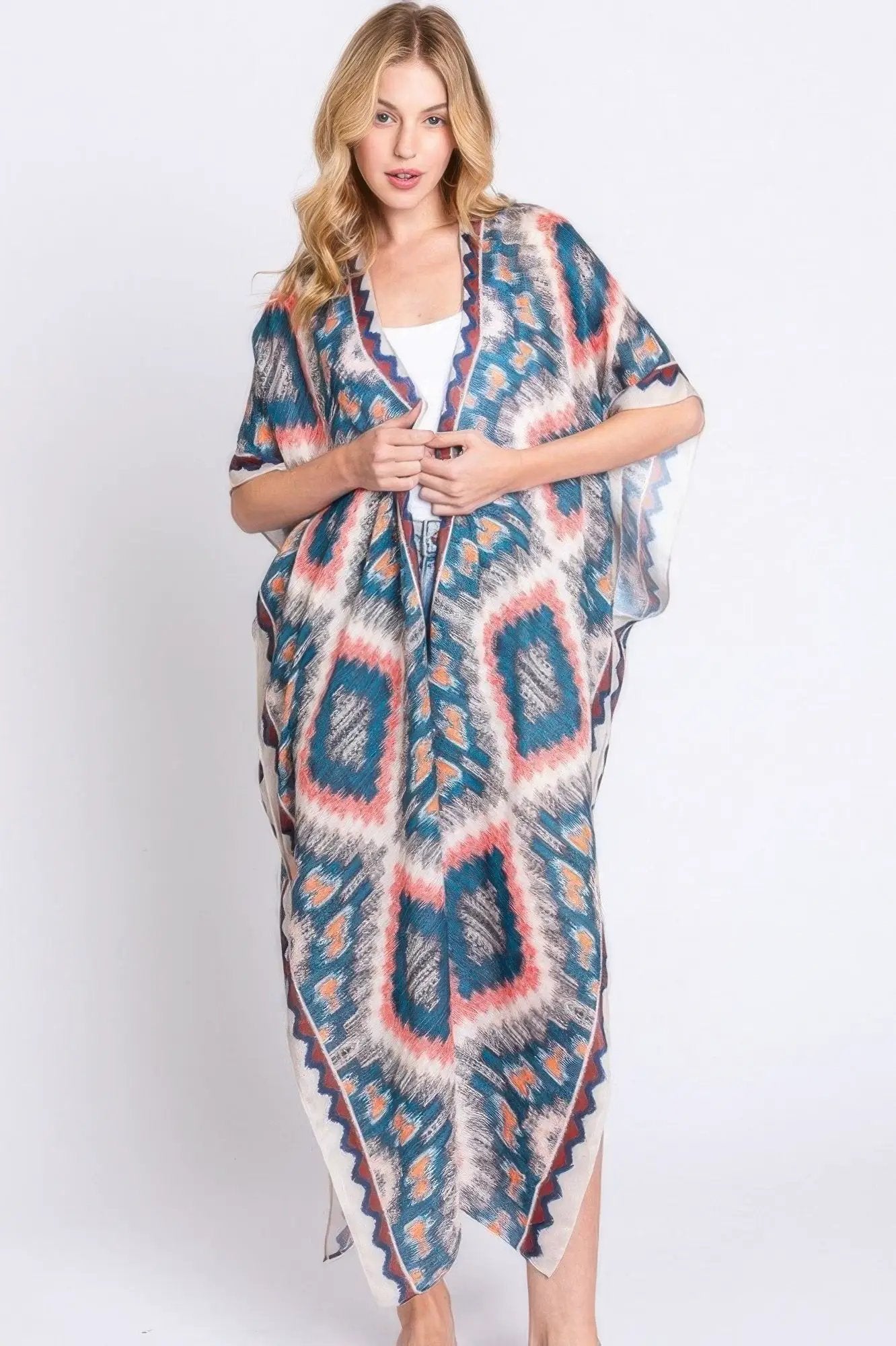 Aztec Print Open Front Long Kimono - Image 1