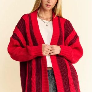 Davi & Dani Cable-Knit Color Block Open Front Cardigan - Image 1