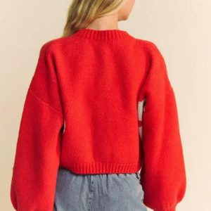 Davi & Dani Flower Contrast Round Neck Long Sleeve Cardigan - Image 2