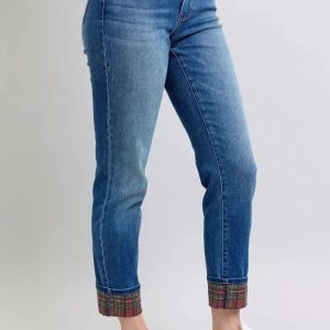 Judy Blue Full Size Plaid Print Cuff Straight Leg Jeans with Pockets - Image 3
