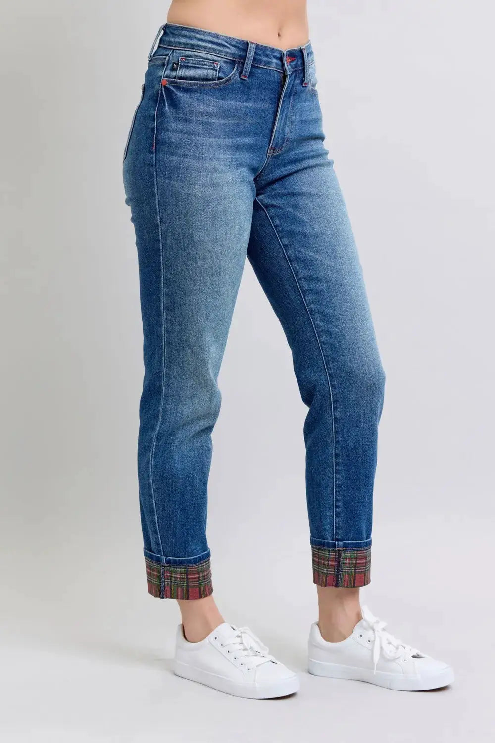Judy Blue Full Size Plaid Print Cuff Straight Leg Jeans with Pockets - Image 3