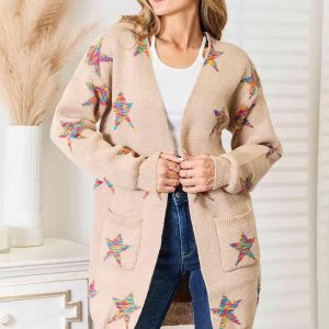Double Take Star Pattern Open Front Longline Cardigan - Image 1