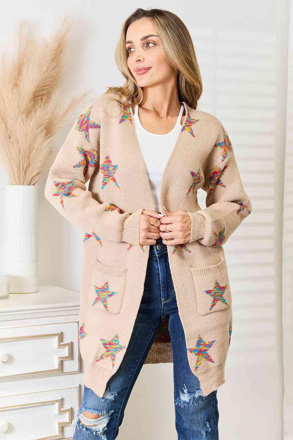 Double Take Star Pattern Open Front Longline Cardigan - Image 1