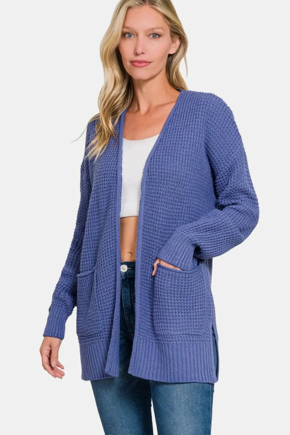Zenana Waffle Open Front Sweater Cardigan - Image 1